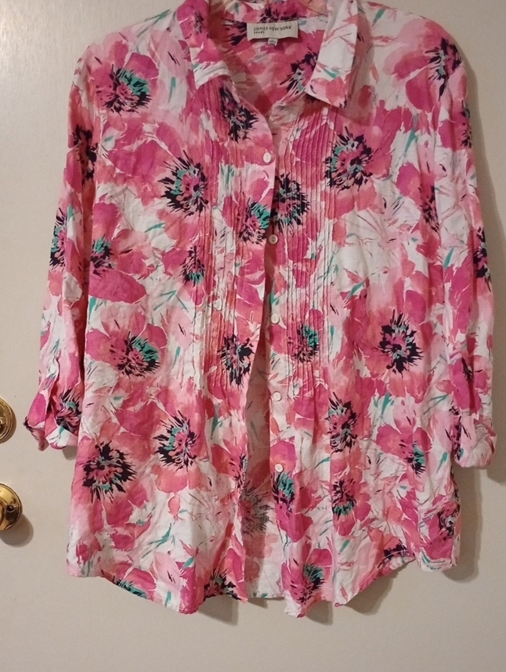 Jones New York Pink Floral Pintuck Button-Down Vacation Resort 100% Linen Shirt - Picture 2 of 7